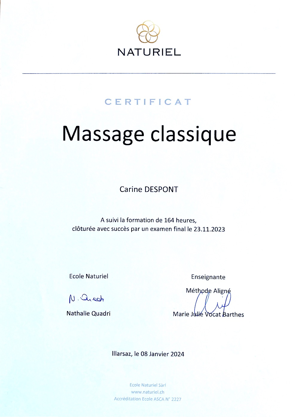 Certificat Carine naturiel